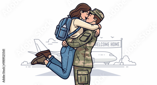 Soldier embraces partner upon return, welcomed home by airport banner