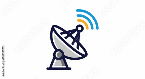 Stylized satellite dish broadcasting signals with blue and orange waves