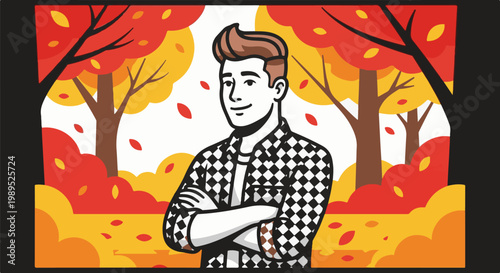 Confident man in checkered shirt with arms crossed, autumn forest background