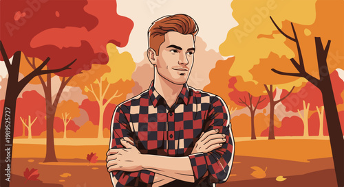 Young man in plaid shirt in autumn park