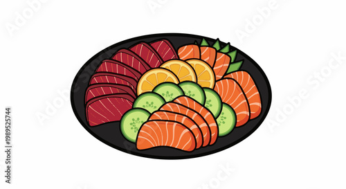 A stylized platter of sashimi featuring tuna, salmon, cucumber, and orange slices