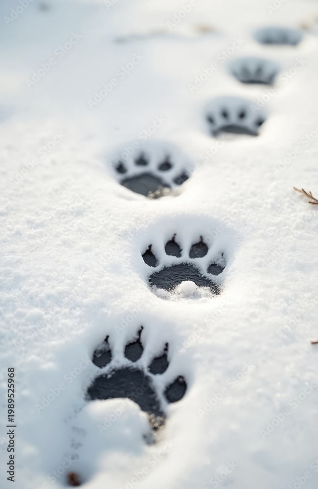 Obraz premium Animal paw prints mark snowy path. Clear impressions left on white ground suggest wild mammal recent movement through cold winter terrain. Nature subtle signs tell story of wilderness survival,