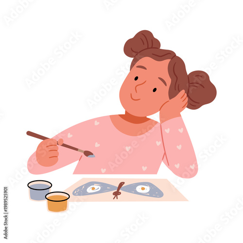 Cute girl painting, creativity and art therapy concept, pastel Scandinavian minimal illustration, kids hobby, imagination and self expression.