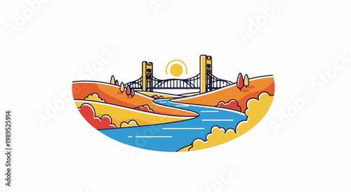 Stylized illustration of a suspension bridge over a winding river with autumnal trees