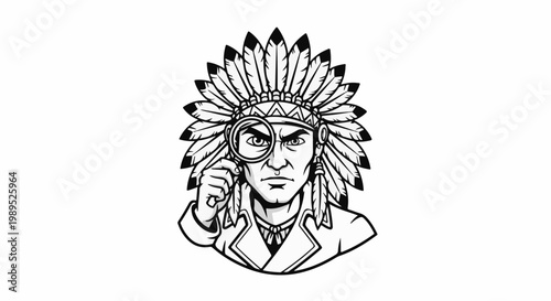 Tribal detective peering intently through a magnifying glass