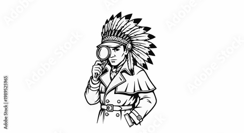 Man wearing headdress and trench coat examines with magnifying glass
