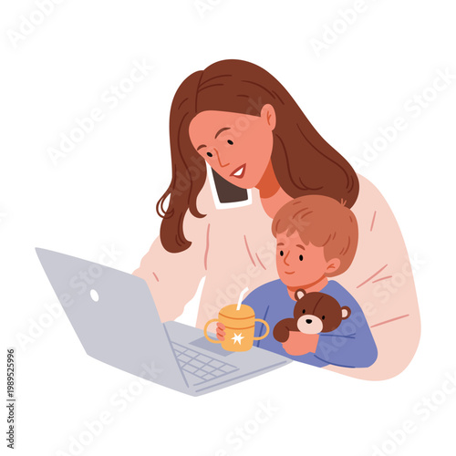 Mother working on laptop with child, remote work and parenting concept, pastel Scandinavian minimal illustration, multitasking, family life and home office.