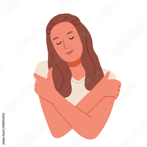 Woman hugging herself, self love and mental health concept, pastel Scandinavian minimal illustration, self care, acceptance and emotional wellbeing.