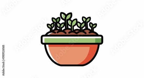 A planter with fresh green sprouts emerging from rich soil