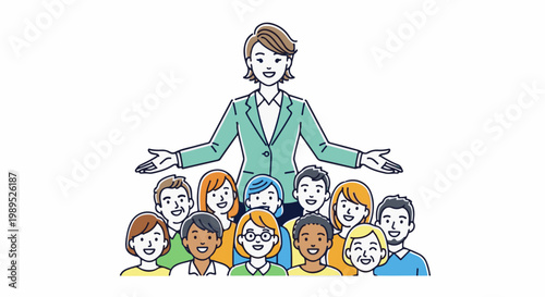 Woman in green jacket embraces diverse group of people in cartoon style