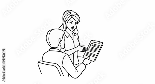 Two individuals in a meeting, one presenting document