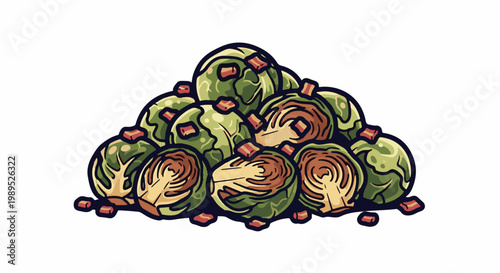 Pile of cooked Brussels sprouts with bacon pieces