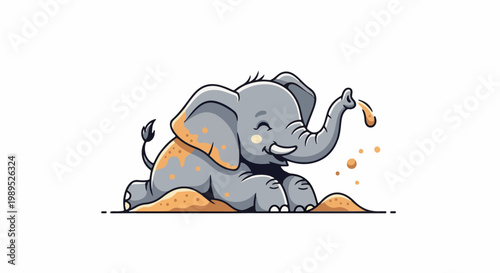 A cute cartoon elephant happily plays in the sand with its trunk