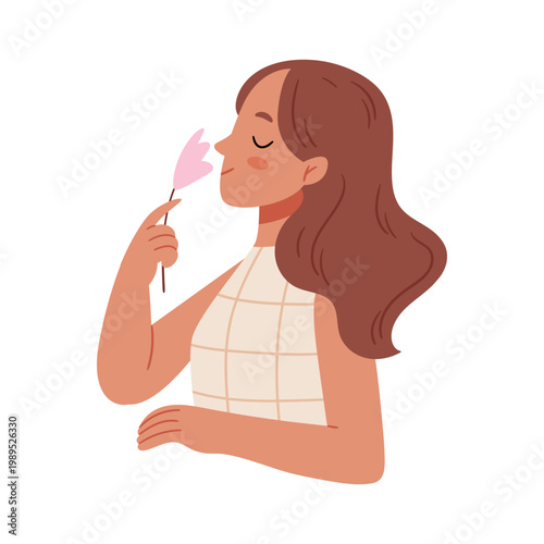 Woman smelling flower, self care and mindfulness concept, pastel Scandinavian minimal illustration, calm lifestyle, aromatherapy and slow living mood.