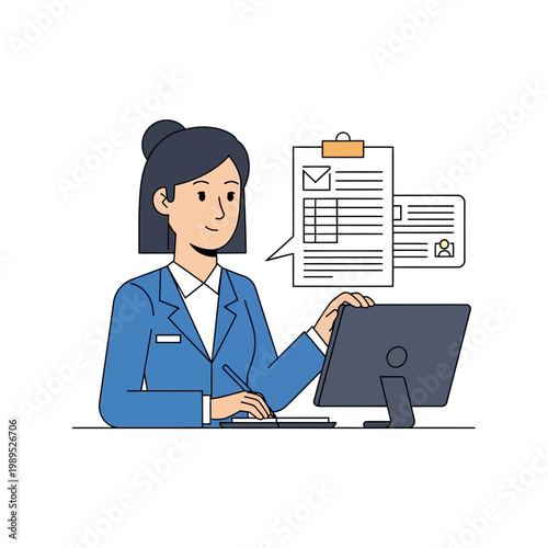 Professional Female Receptionist or Office Manager Working at Desk with Computer and Digital Documents Flat Illustration
