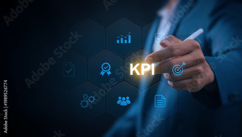 kpi business analytics and data management concept. businessman using dashboard interface, corporate data metrics tracking, strategic planning, track performance metrics and optimize strategy decision
