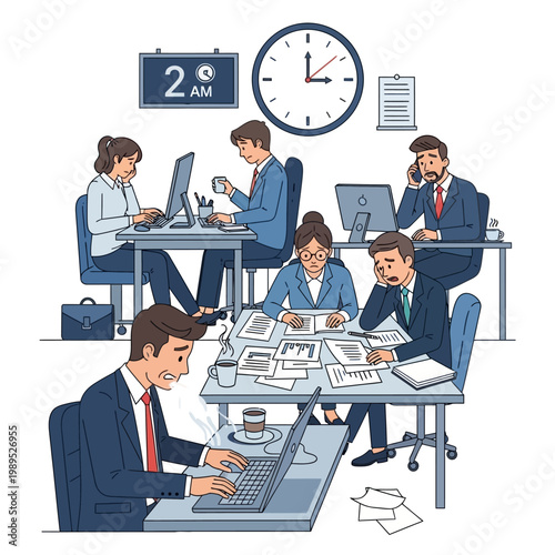 Overworked Office Employees Working Late Night at 2 AM, Stressful Corporate Environment and Burnout Concept, Flat Vector Illustration of Exhausted Business People at Desks