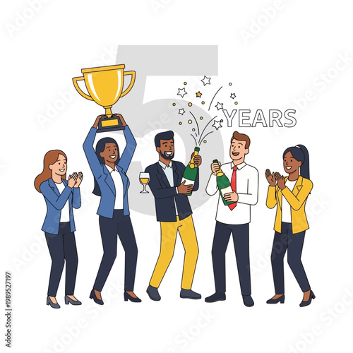 Diverse Business Team Celebrating 5th Anniversary Milestone with Trophy and Champagne, Success Achievement Illustration