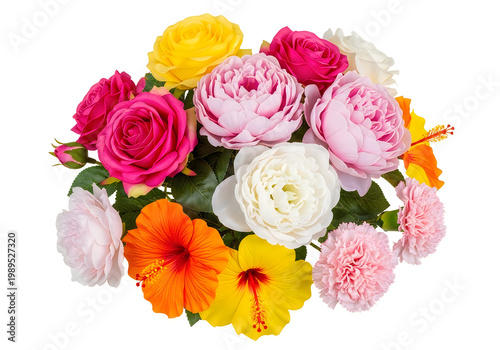 A vibrant bouquet of colorful roses and peonies in full bloom