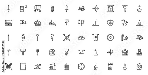 Medieval icon set. Vector illustration pack featuring dagger, sword, shield, crown, castle, knight, armor, horse, cannon and more historical symbols.