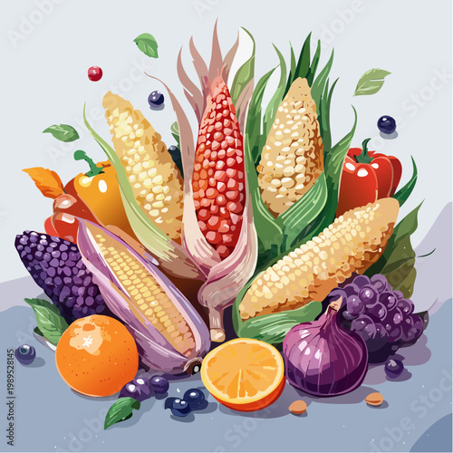 Abundant Harvest of Fresh Corn, Bell Peppers, Grapes, and Citrus Fruits Artistically Displayed Vector Illustration