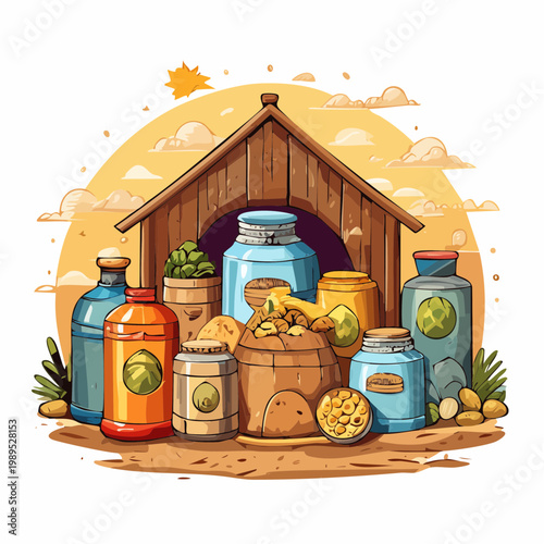 Abundant Food Supplies Stored in Various Containers Under a Wooden Shelter - Flat Vector Illustration