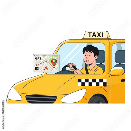 Professional Taxi Driver in Yellow Cab with GPS Map Navigation System, Modern Transportation and Urban Mobility Illustration