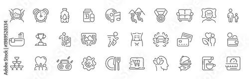 Family wellness outline icon set: thin line editable stroke icons of fitness, health, leisure, and happiness