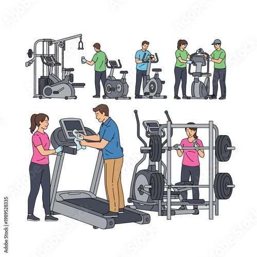 Gym Equipment Sanitization and Cleaning Vector Illustration. Staff Disinfecting Treadmills, Stationary Bikes, and Weight Racks for Fitness Center Hygiene and Health Safety.