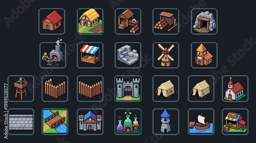 Expansive collection of 8-bit pixel art game elements, a diverse vector illustration set of buildings and items for classic game development projects