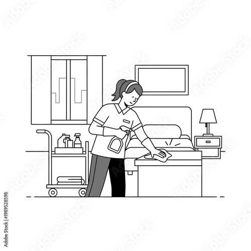 Professional Housekeeper Cleaning a Hotel Room Illustration, Female Maid Sanitizing Bedroom Surface with Spray Bottle and Cloth Line Art Vector