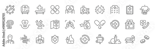 Medical health care outline icon set: editable stroke in thin line style for hospitals and clinics