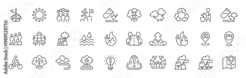 Eco sustainability linear icon set with editable stroke in thin line style for environmental conservation
