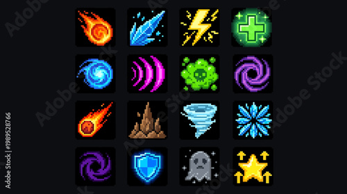 pixel art game element vector illustration of magical icons, fantasy icons for gaming applications, glowing magic spell effects