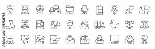 Office supply outline icon set: modern thin line style, editable stroke for workplace essentials