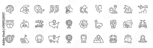 Travel and vacation outline icon set with editable stroke in thin line style
