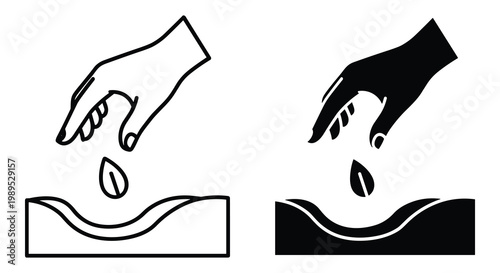 Planting seed icon set with hand and soil, outline and solid style, white background