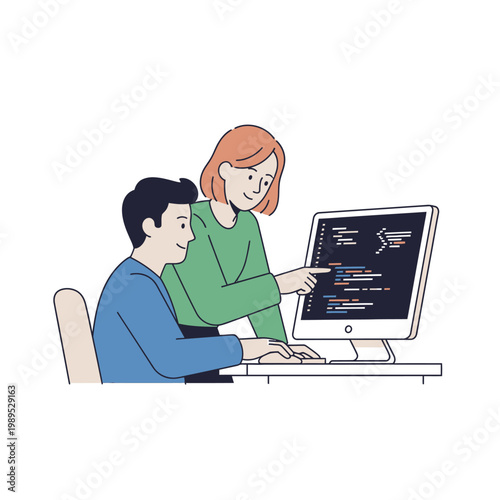 Software Developers Collaborating on Code: Two Programmers Working Together on Desktop Computer, Web Development Team Illustration