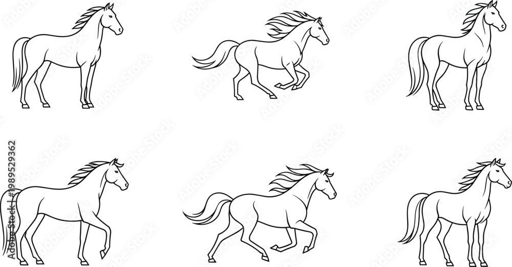 Fototapeta premium Beautiful Horse Line Art Icon Set Featuring Various Horse Poses and Movements for Equestrian Designs