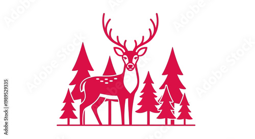 Stylized red deer illustration with evergreen trees in a symmetrical design
