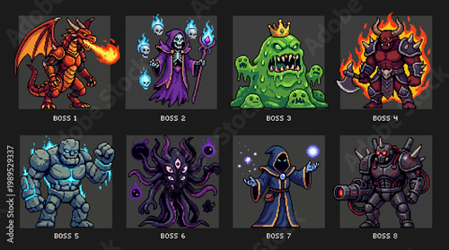 A versatile set of pixel art game monster boss elements, meticulously designed as striking vector illustrations, ideal for fantasy adventure game development
