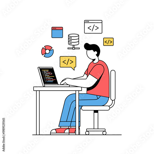 Software Developer Coding at Desk Flat Illustration for Programming and IT Concept