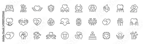 Love and romance outline icon set: editable stroke thin line style for romantic symbols