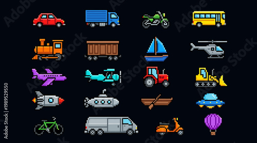 Pixel art game elements vector illustration of diverse vehicles and transportation modes, perfect for digital projects and creative designs