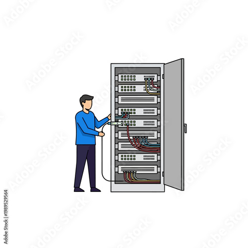 IT Technician Connecting Network Cables to Server Rack in Data Center Vector Illustration