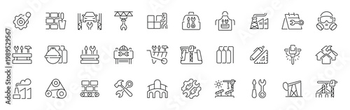 Industrial engineering outline icon set: thin line, editable stroke symbols for tools and manufacturing