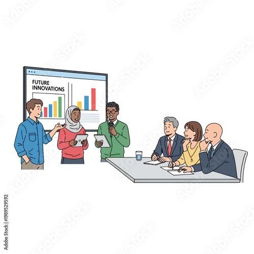 Diverse Team Presenting Future Innovation Startup Pitch to Business Executives in Corporate Office Setting