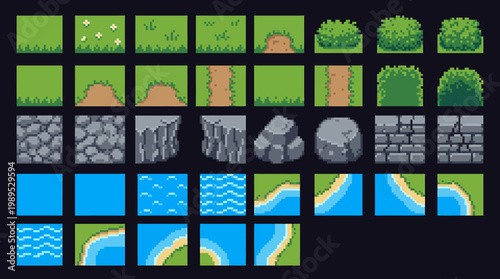 Assorted 8-bit pixel art game elements terrain, water, and objects, presented as a high-quality vector illustration for developing compelling retro game worlds