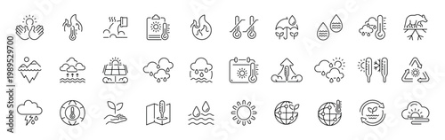 Climate change linear icon set: editable stroke thin line symbols for environmental and global impact awareness