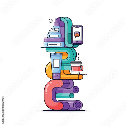 Stack of beauty products and smartphone with coffee cup.